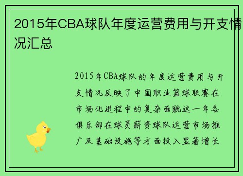 2015年CBA球队年度运营费用与开支情况汇总
